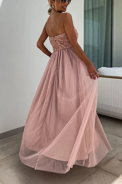 Robe longue femme – Sans bretelles – Coupe fluide élégante – Fente latérale – Haut texturé