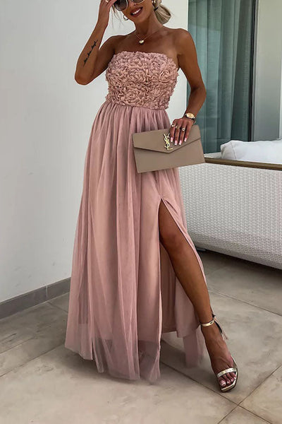 Robe longue femme – Sans bretelles – Coupe fluide élégante – Fente latérale – Haut texturé