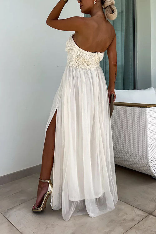 Robe longue femme – Sans bretelles – Coupe fluide élégante – Fente latérale – Haut texturé