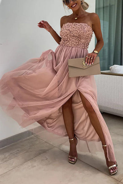Robe longue femme – Sans bretelles – Coupe fluide élégante – Fente latérale – Haut texturé