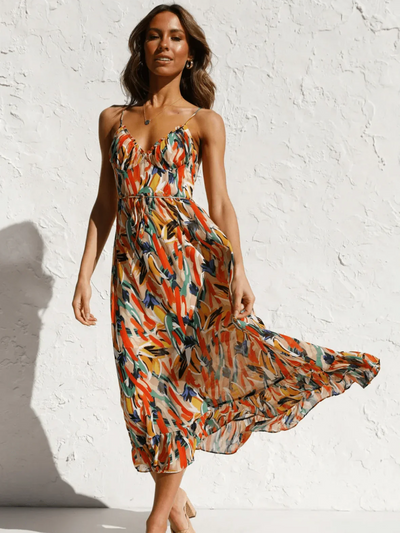 Solène - Robe Midi En Tissu Fluide Avec Décolleté En V