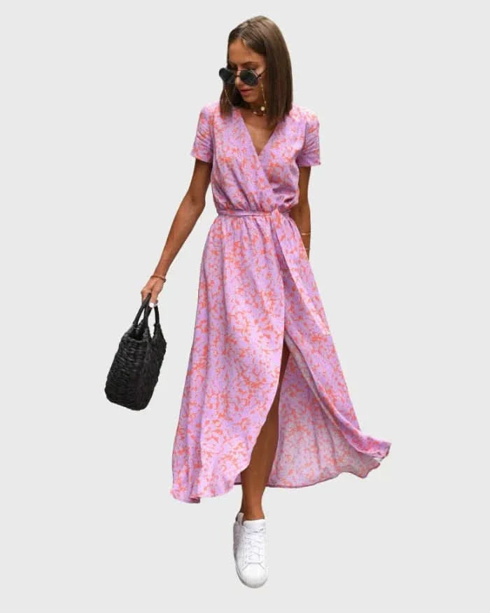 Morgane™ | Robe cache-cœur midi avec des fleurs vibrantes