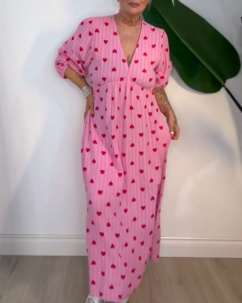 Robe Élégante Col En V Imprimé Cœur