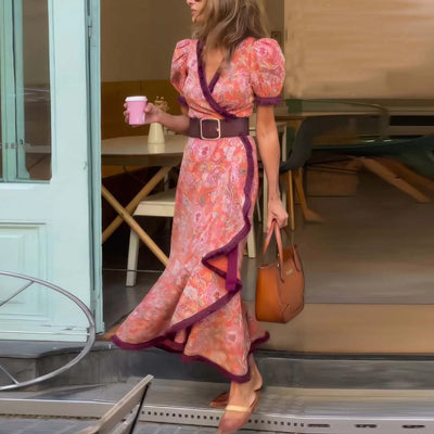 Robe longue rose élégante à manches courtes