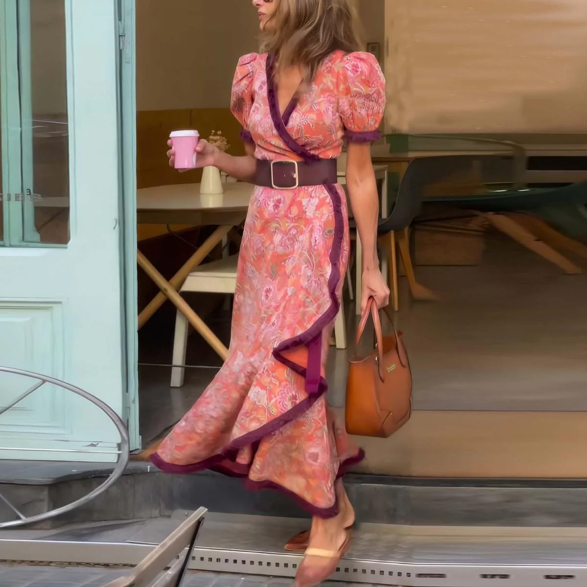 Morgane™ | Robe Maxi Rose Élégante à Manches Courtes
