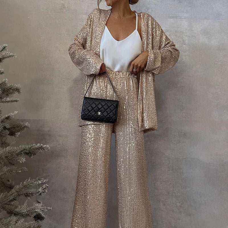 Ensemble Femme – Veste à Sequins Coupe Structurée – Pantalon Large Taille Haute