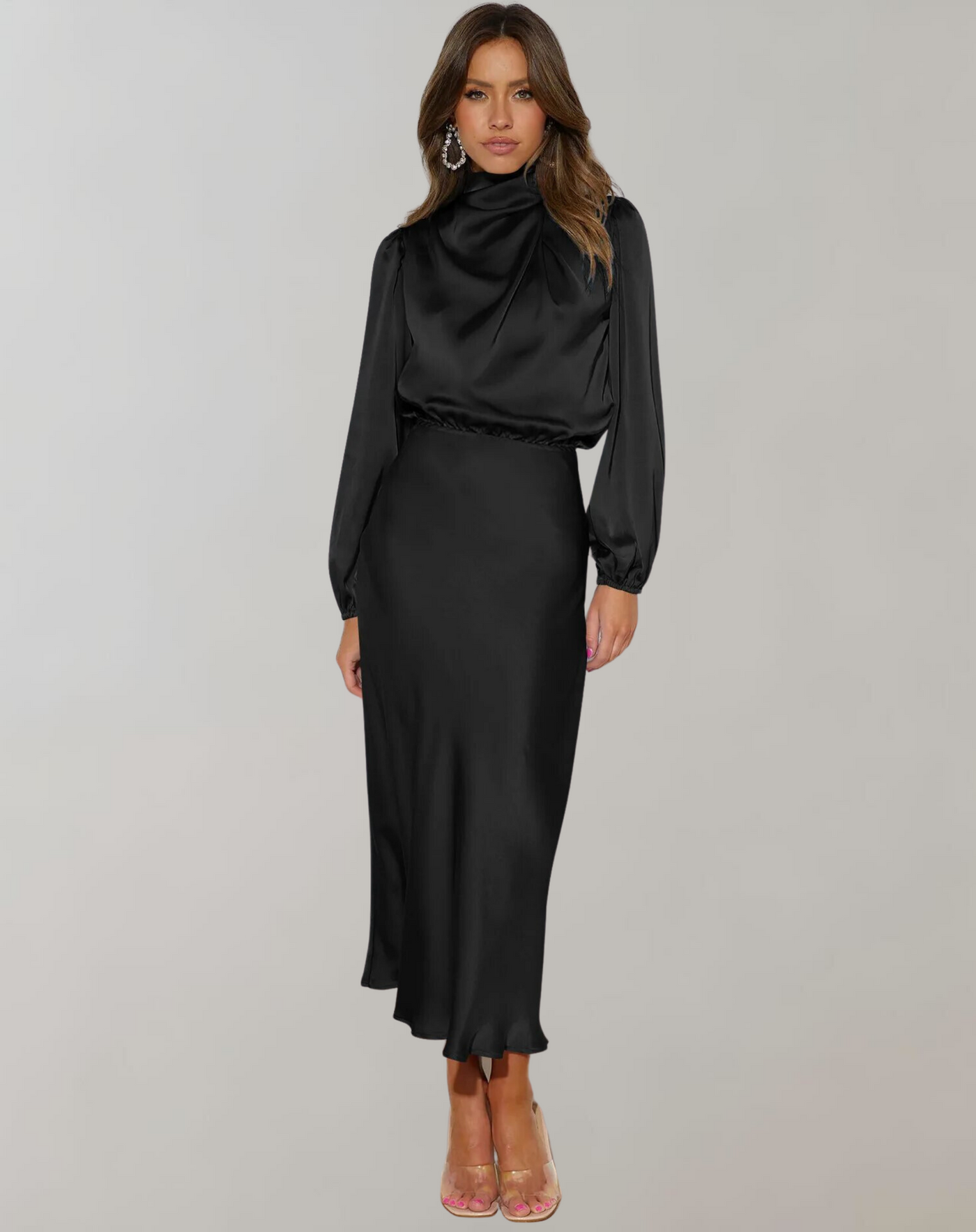 Robe Satinée | Col Montant | Élégance Nocturne