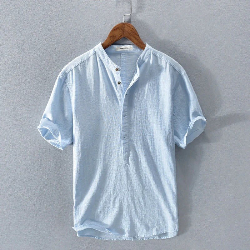 Chemise homme manches courtes – Coupe décontractée – Col mao – Fibres naturelles respirantes