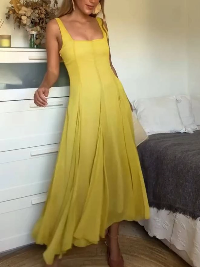 Robe Longue Élégante avec Décolleté Carré et Bretelles