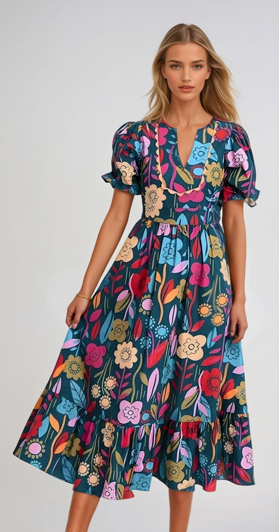 Madeleine - Robe Midi À Manches Bouffantes Et Encolure Notch