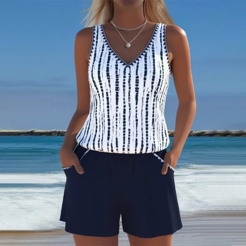 Maillot de bain avec imprimé, poches et décolleté en V en deux parties