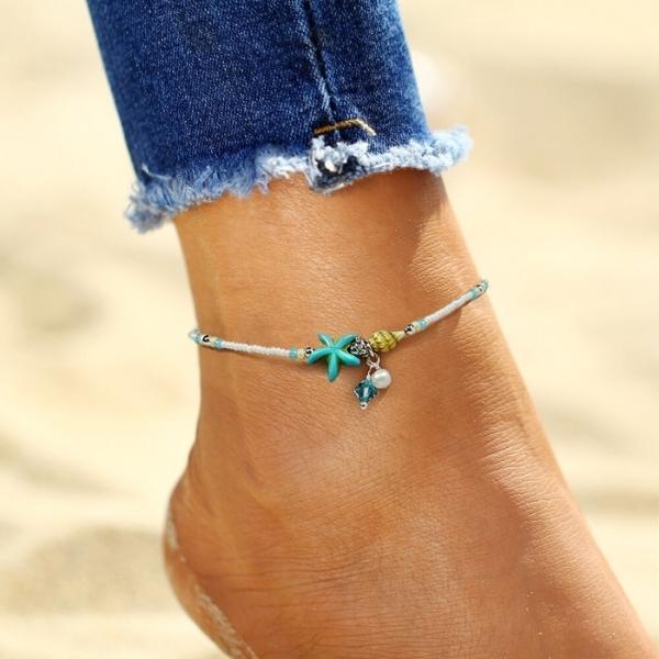 Bracelet de cheville avec étoiles, coquillages et pierres naturelles