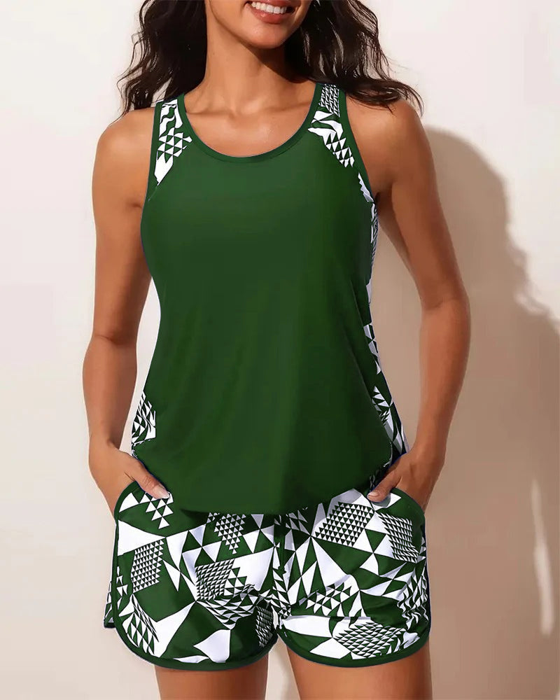 Maillot de bain Haut de Tank Geométrique Imprimé Deux Pièces