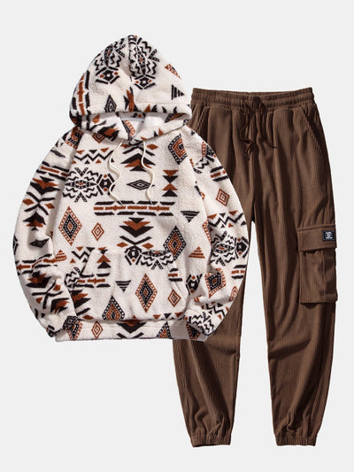 Sweat à capuche en peluche à imprimé aztèque et pantalon de jogging cargo en velours côtelé à cordon de serrage