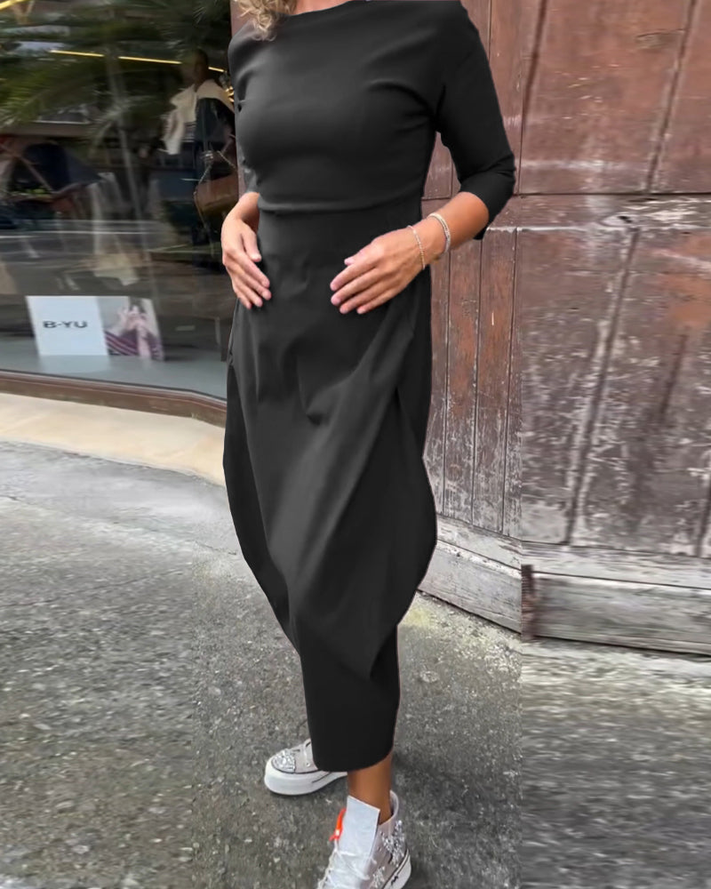 Laura| Robe élégante à manches longues, de couleur unie, avec poches