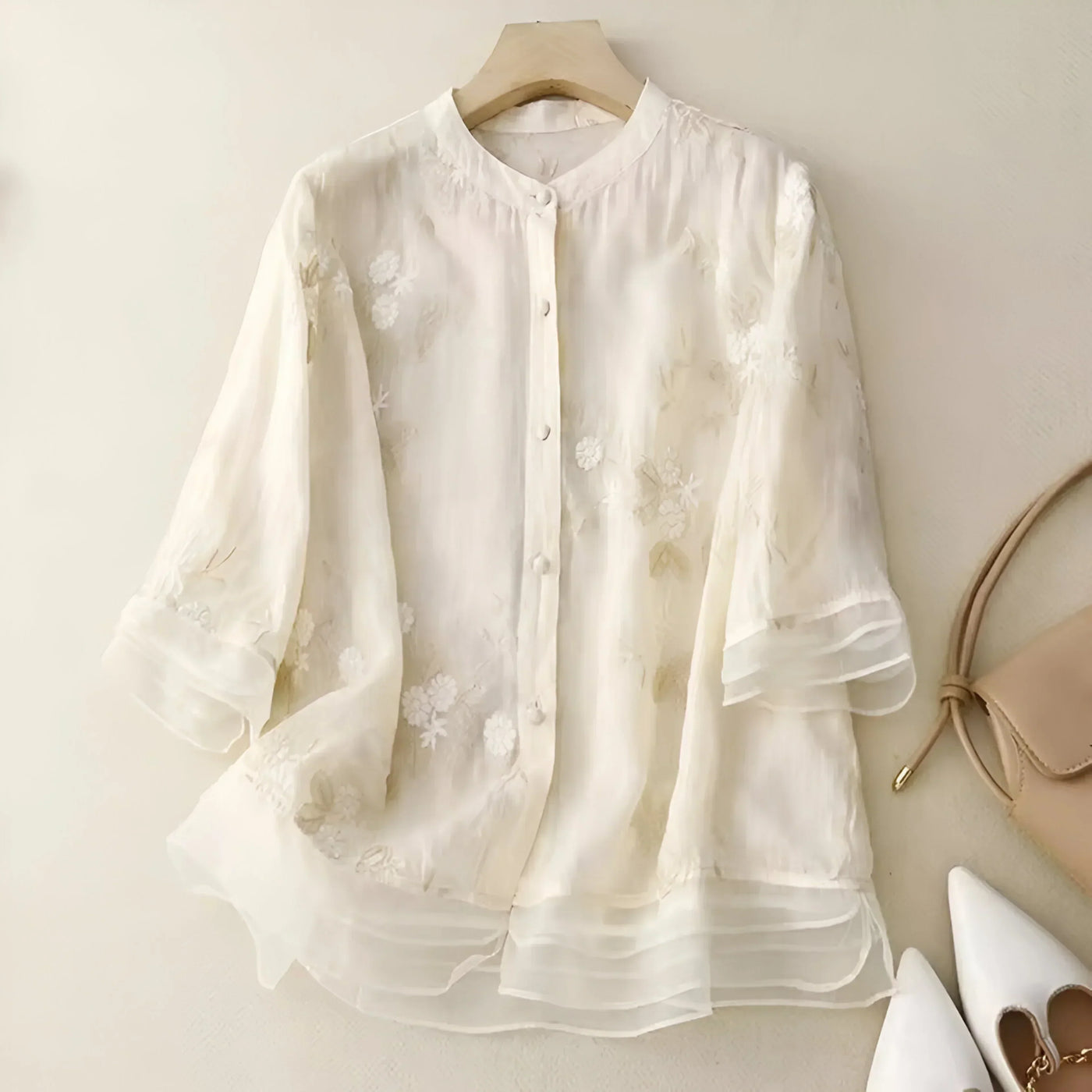 Blouse Femme – Coupe Décontractée – Fibres Naturelles – Broderie Florale – Manches 3/4