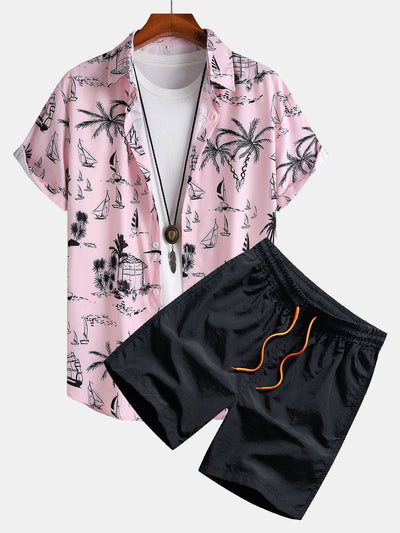 Ensemble Estival : Chemise Boutonnée Voiliers & Palmiers + Short de Bain