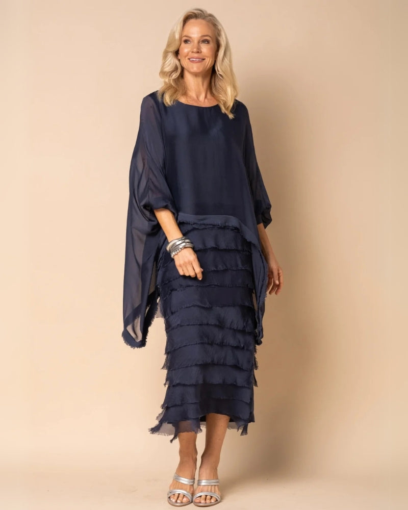 OREANA - ROBE MIDI À VOLANTS AVEC FINITIONS EFFILOCHÉES