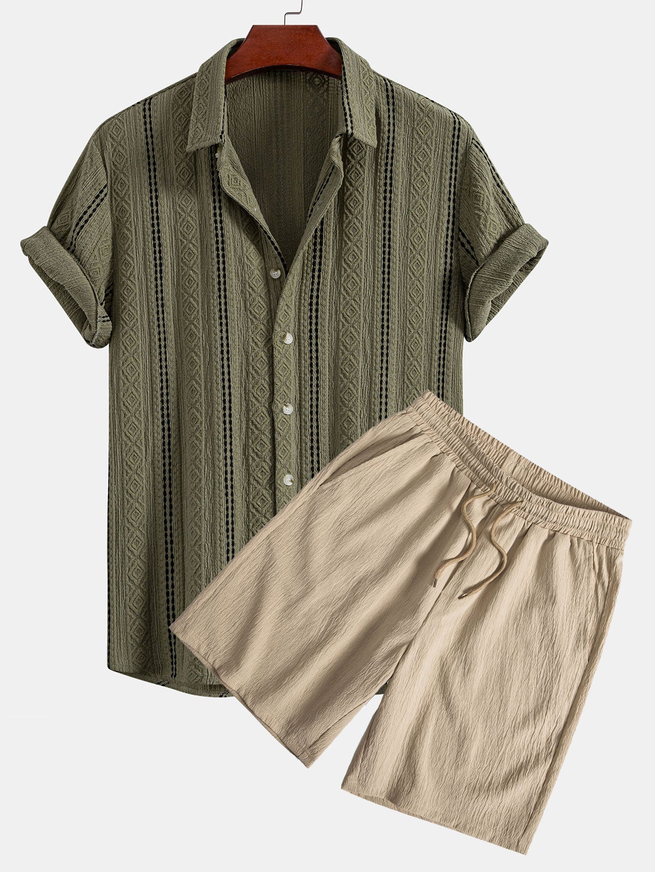 Ensemble Estival : Chemise Jacquard à Rayures Géométriques & Short Froissé à Cordon