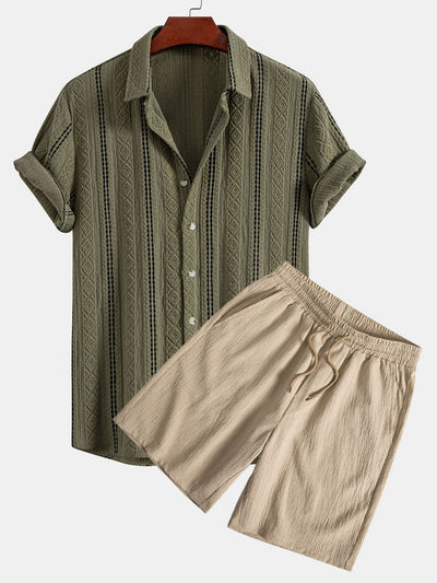 Ensemble Estival : Chemise Jacquard à Rayures Géométriques & Short Froissé à Cordon