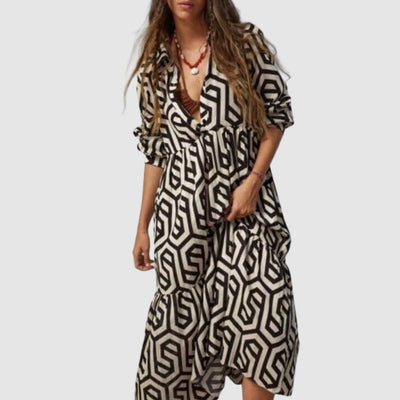Robe femme longue – Manches longues – Coupe ample – Motif géométrique – Tissu respirant