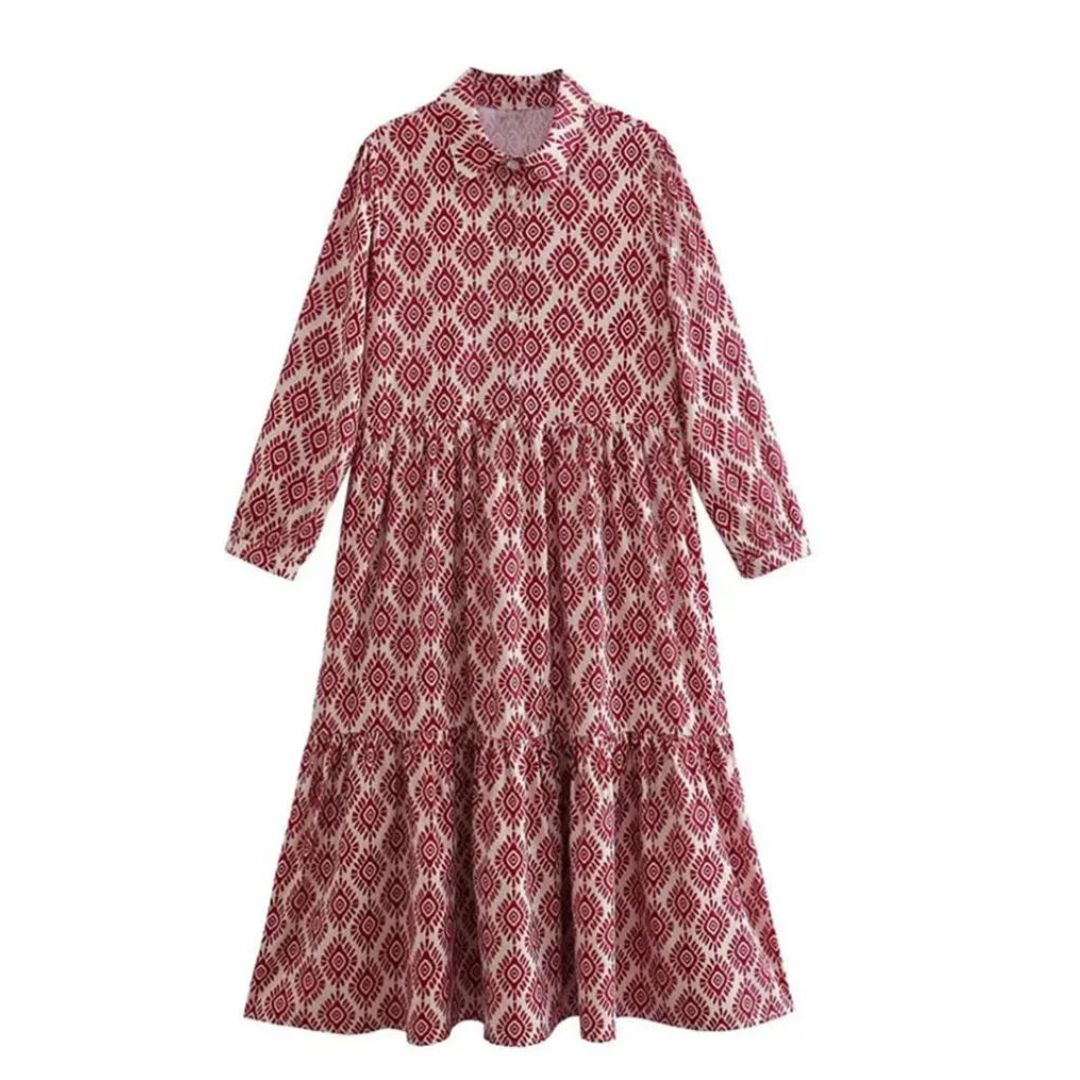 Robe femme longue – Manches longues – Coupe ample – Motif géométrique – Tissu respirant