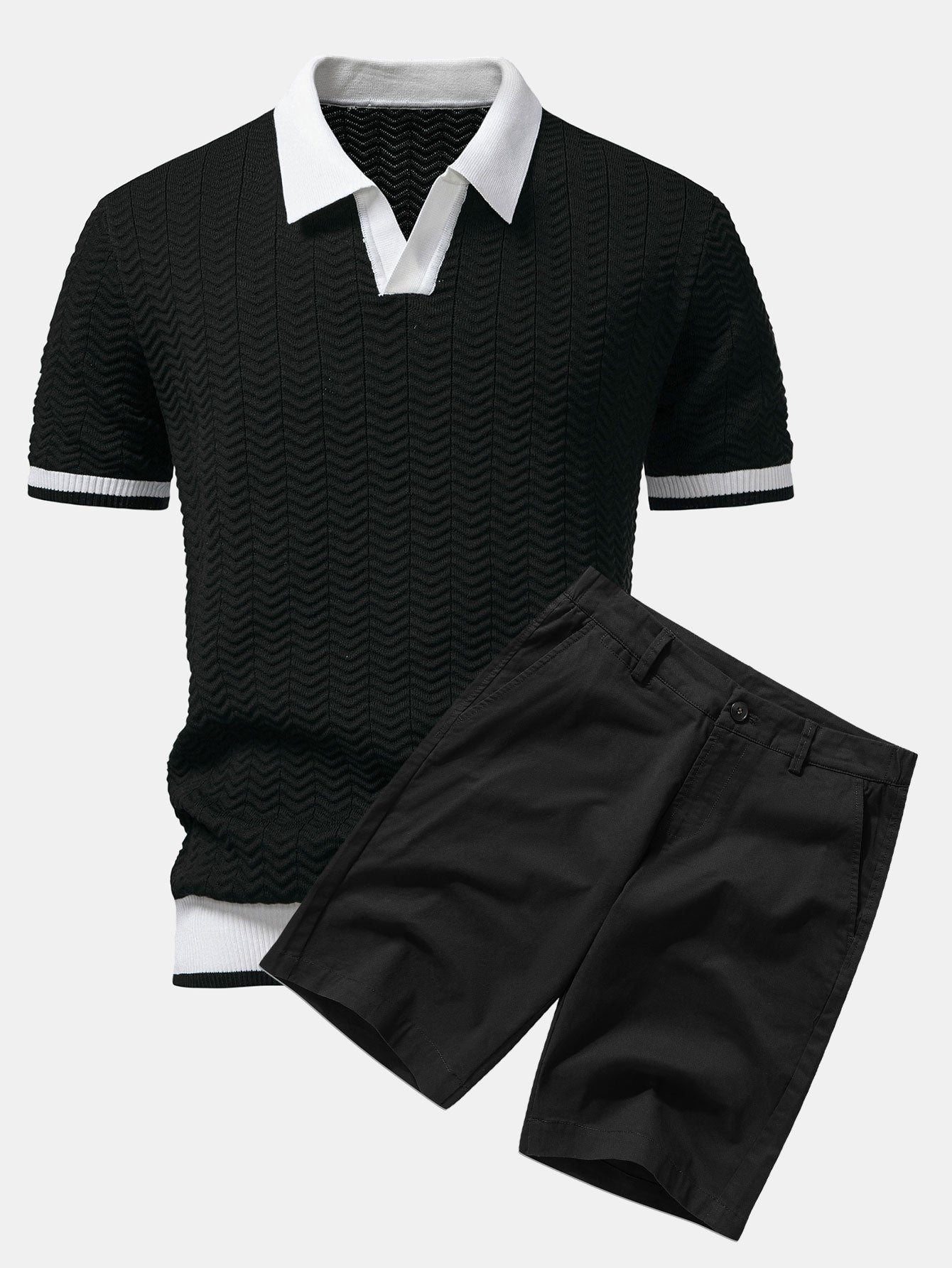 Ensemble Polo Texturé Contrasté & Short Chino en Coton