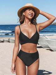 Maillot de bain femme – Bikini taille haute – Décolleté en V – Tissu doux extensible