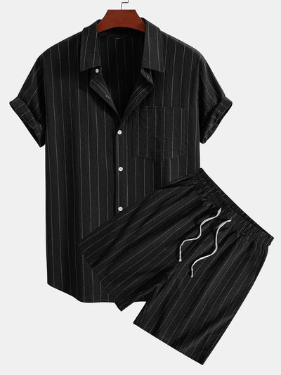 Ensemble Décontracté : Chemise Rayée Style Lin & Short à Cordon