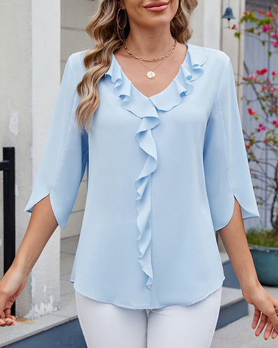 Blouse Manches Mi-Longues À Volants Couleur Unie Décontractée