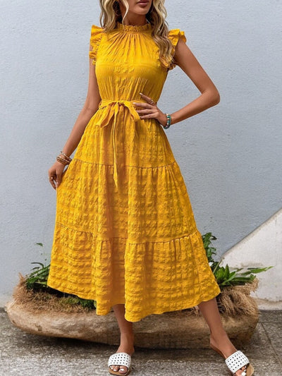 Gisèle - Robe Midi À Ourlets Volantés Et Ceinture À Nouer