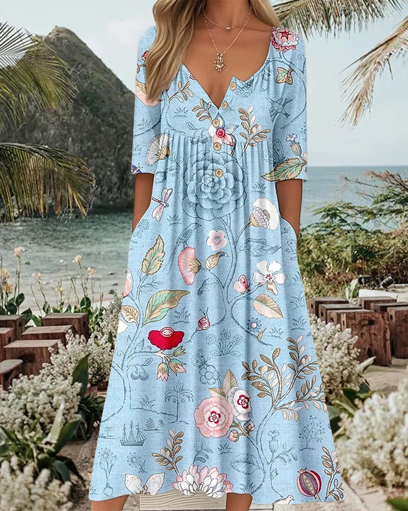 Robe Demi-Manche Imprimé Plissé A-Ligne