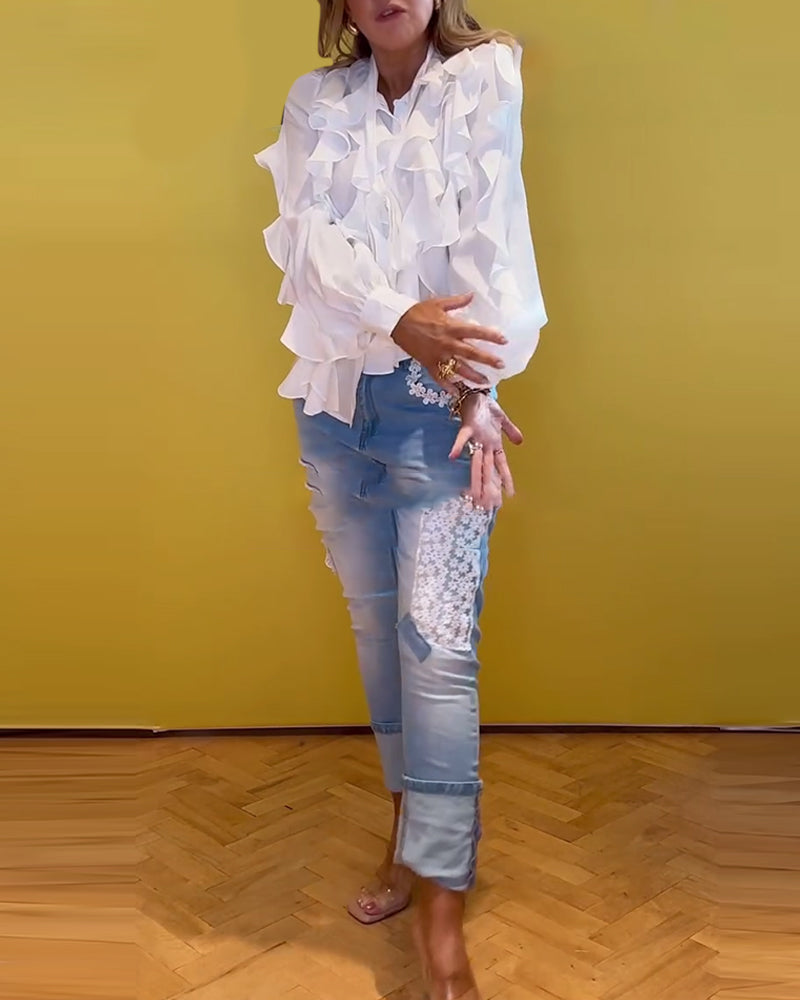Blouse À Volants Style Français Manches Longues