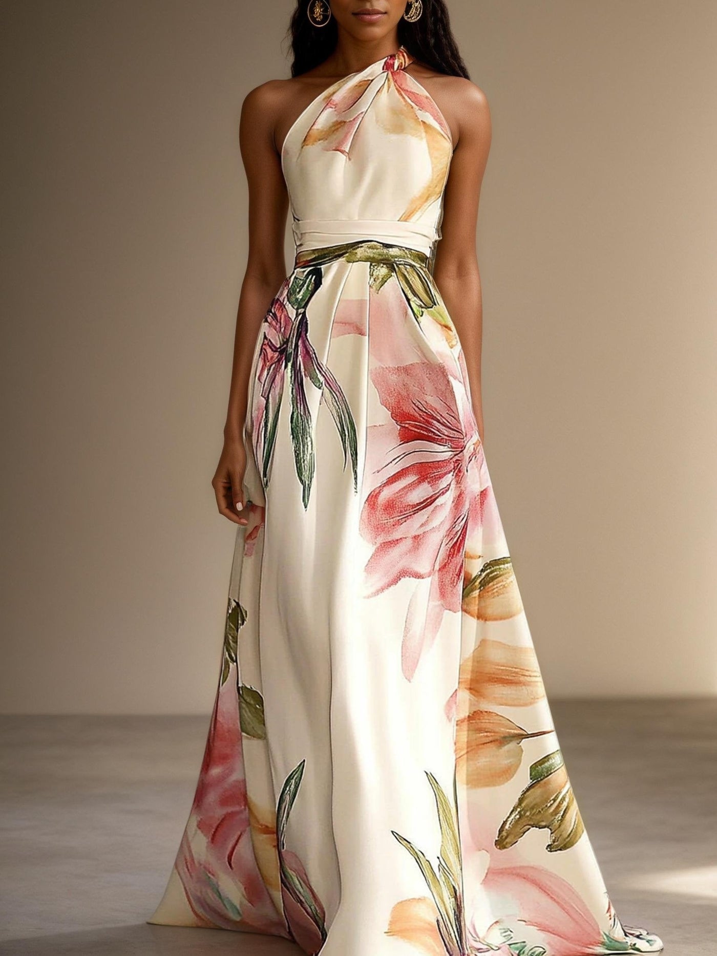 Robe longue trapèze sans manches en satin
