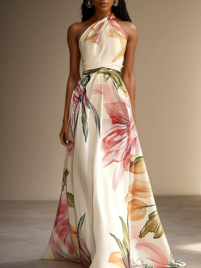 Robe longue trapèze sans manches en satin