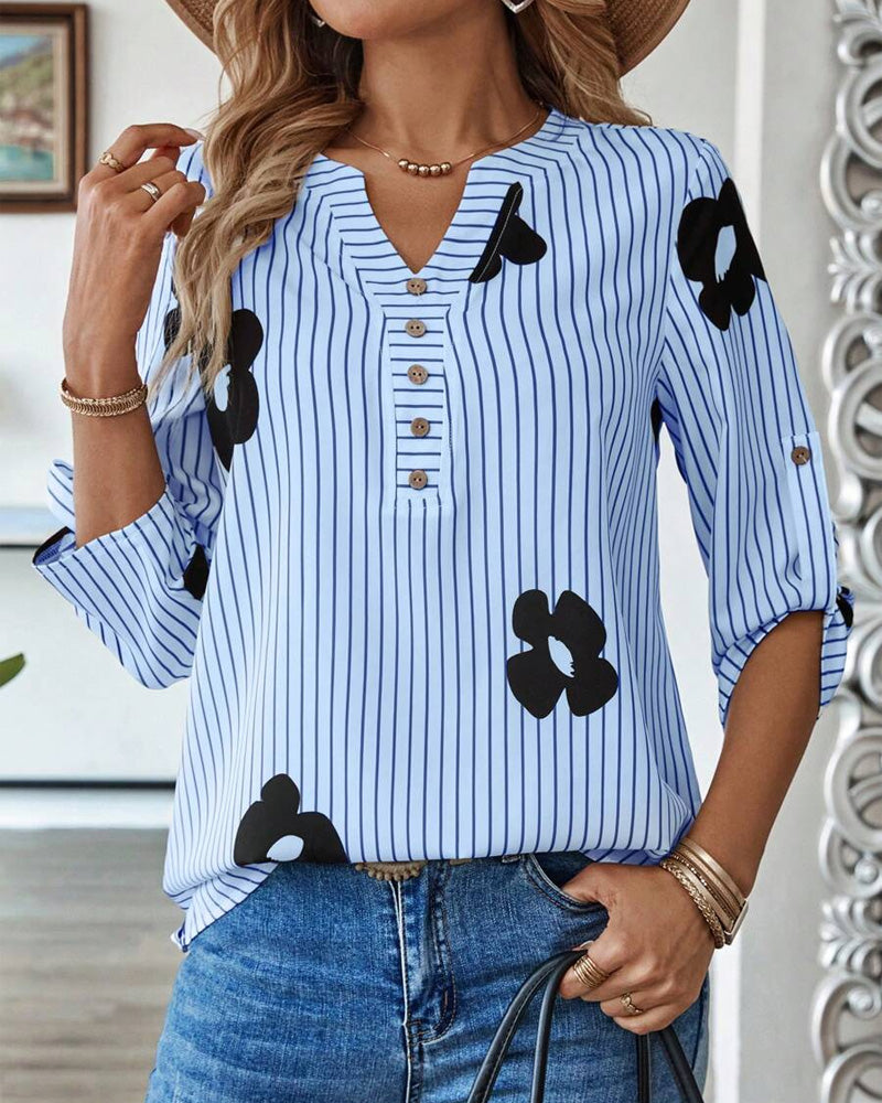 Chemise Rayée Imprimé V-Couture Mode