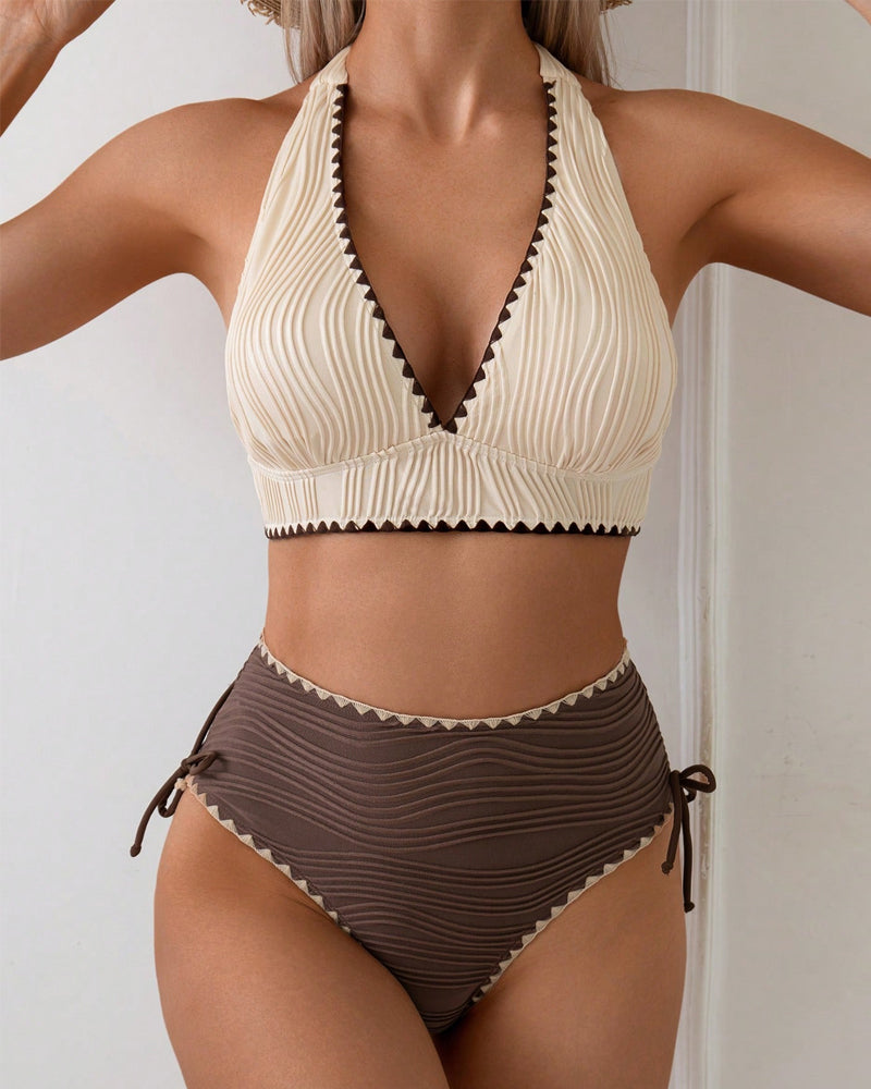 Bikini Two-Piece Set Avec Col Halter et Design Couleurs Contraste