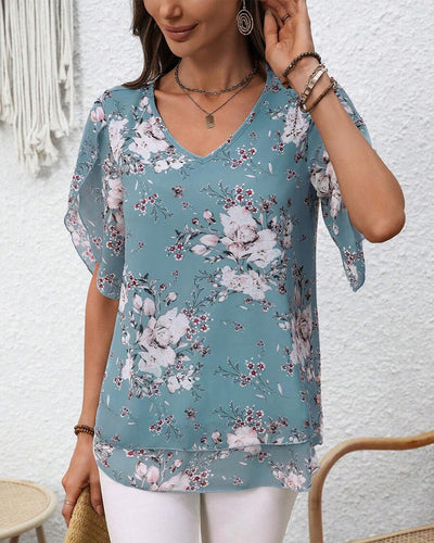 Blouse Manches Pétales Col En V Imprimée