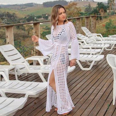 Robe de plage femme – Maille fine ajourée – Coupe fluide – Fente haute – Longue manches
