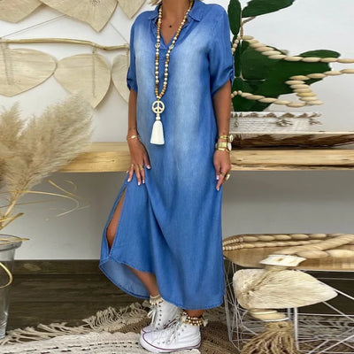Noémie™ | Robe longue en denim à fentes latérales