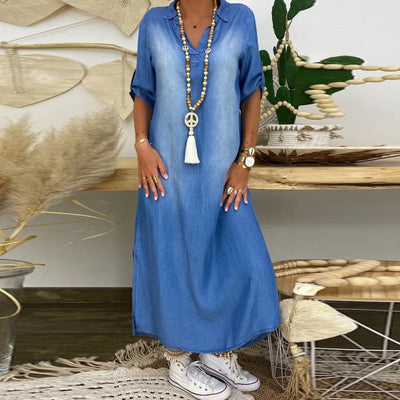 Noémie™ | Robe longue en denim à fentes latérales