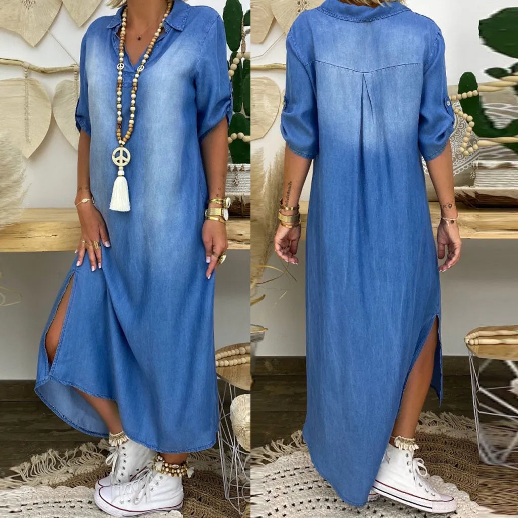 Noémie™ | Robe longue en denim à fentes latérales