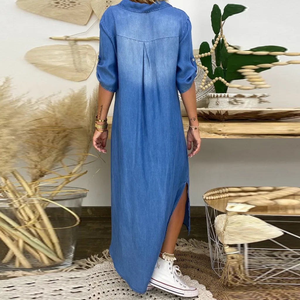 Noémie™ | Robe longue en denim à fentes latérales