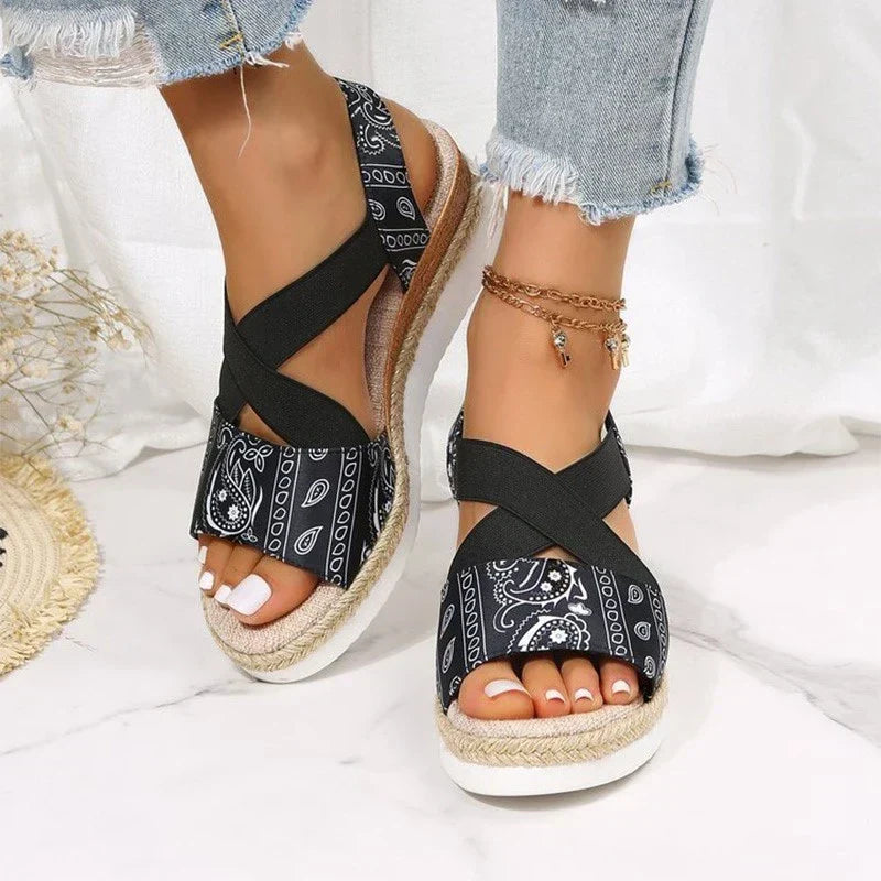 Elsa - Sandales tendance pour femmes avec talon compensé orthopédique en corde de chanvre