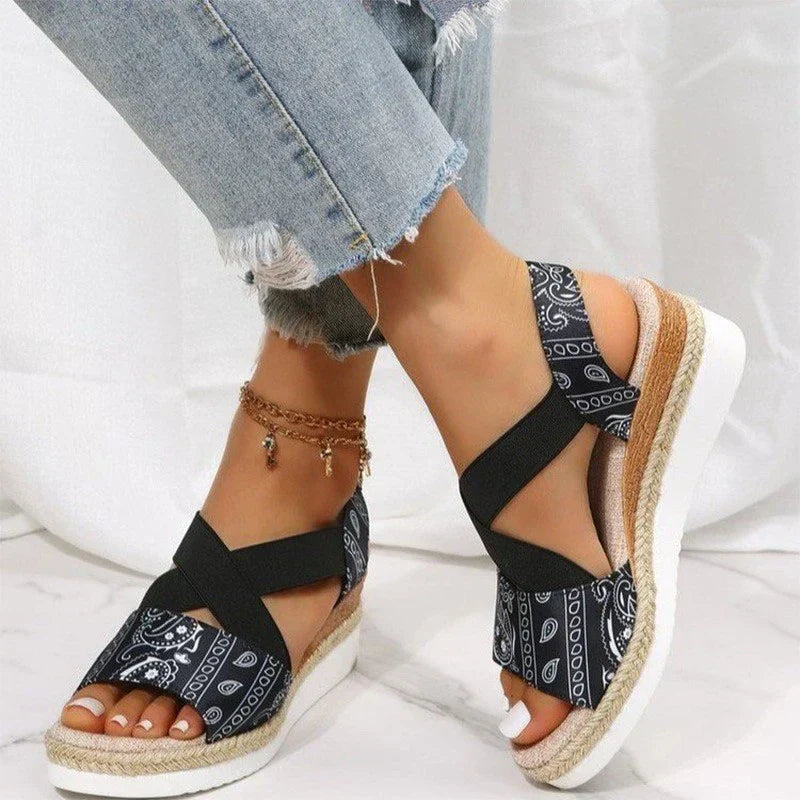 Elsa - Sandales tendance pour femmes avec talon compensé orthopédique en corde de chanvre