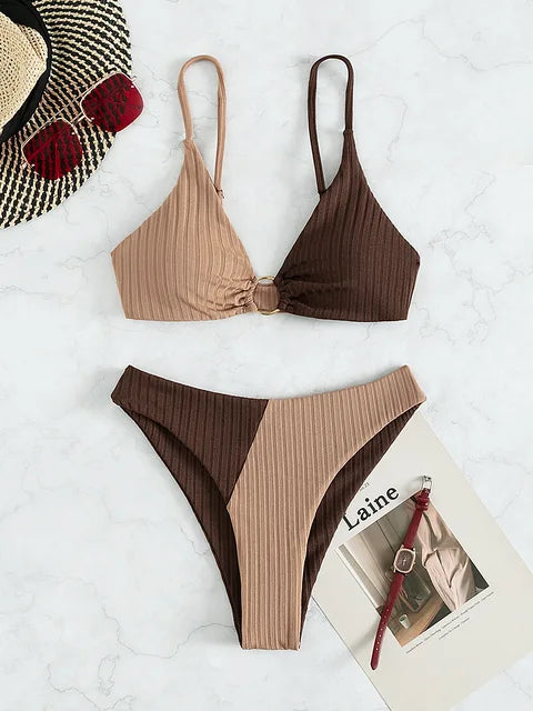 Bikini femme – Haut push-up anneau – Taille haute – Maille côtelée confortable