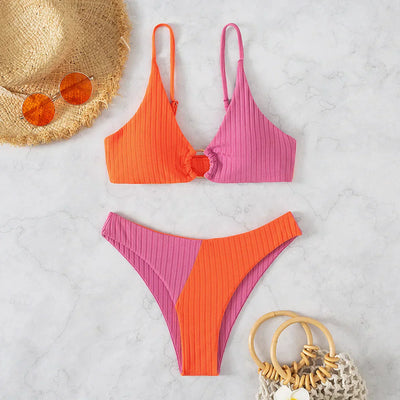 Bikini femme – Push-up triangle – Taille haute – Tissu stretch côtelé – Coupe sculptante