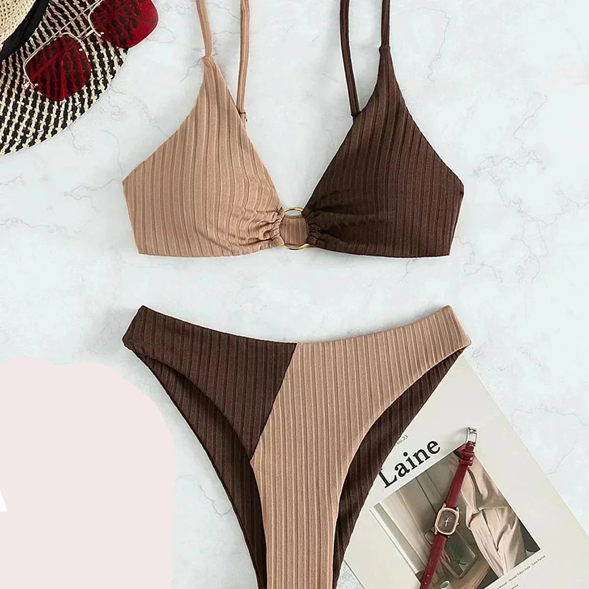 Bikini femme – Push-up triangle – Taille haute – Tissu stretch côtelé – Coupe sculptante