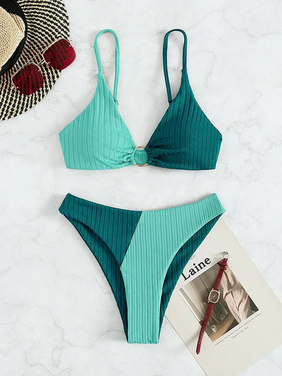 Bikini femme – Push-up triangle – Taille haute – Tissu stretch côtelé – Coupe sculptante