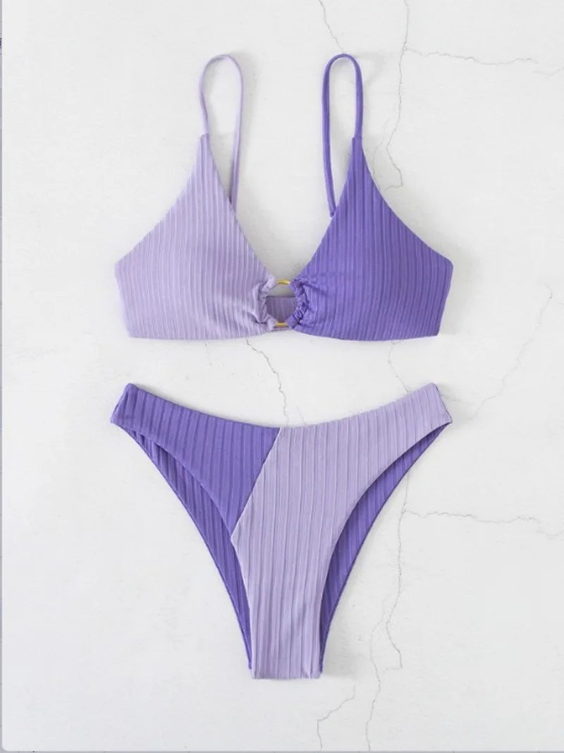 Bikini femme – Push-up triangle – Taille haute – Tissu stretch côtelé – Coupe sculptante